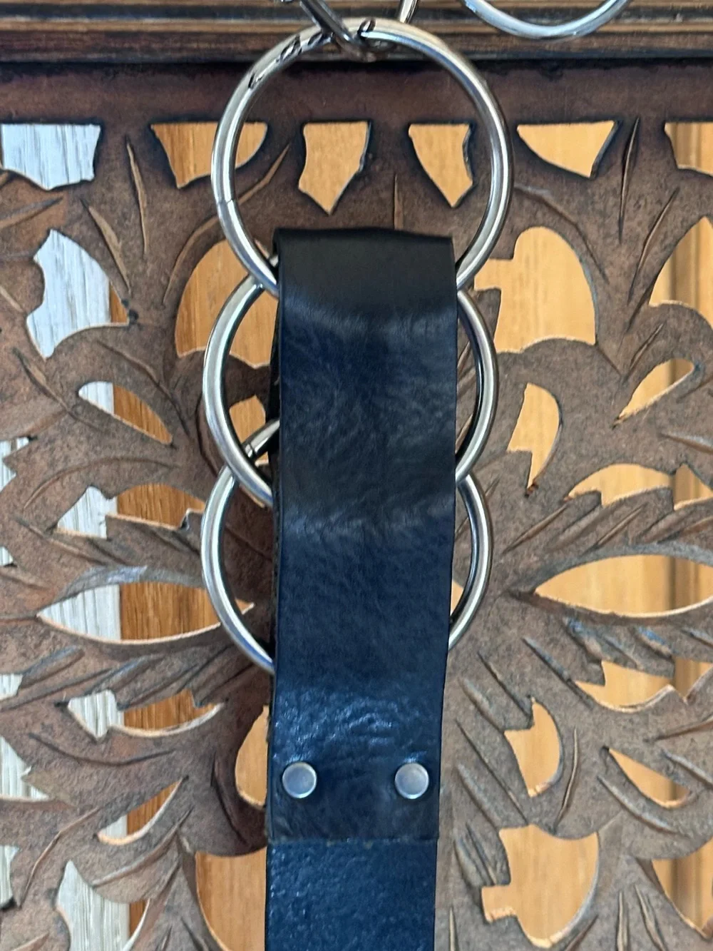 Kim White Black Leather w/ Silver Triple Ring Snap Buckle Belt.